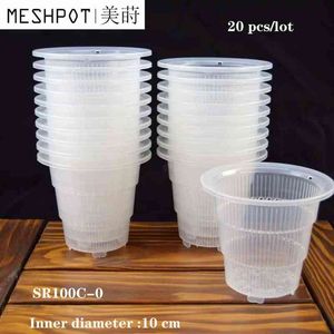 20 Pçs / lote Meshpot 10 cm Clear Plastic Orchid Cactus Pots Plantador Suculento com Furacos Função de Potação de Ar Raiz Slots 210401