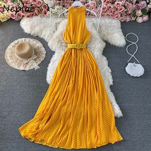 Neploe Summer Boho Beach Vacation Halter Long Robe Woman Sleeveless Belt Slim Waist Maxi Vestido Dot Print Elegant Dress Women Y0726