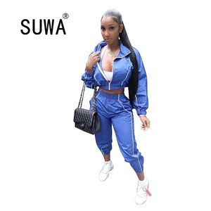 High Street Fashion Sexy Loungewear Frauen 2 Stück Outfits Langarm Jacke Top Cargo Hosen Cool Girl BF Stil Trainingsanzug 210525