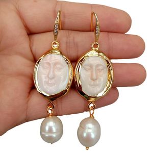 YYGEM Natural Cultured White Rice Pearl Pink Queen Conch FacialDangle Hook Earrings religious style for women