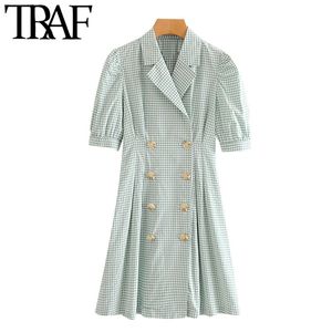 Traf Women Chic Fashion Double Breasted Plaid Mini Dress Vintage Puff Sleeves Office bär kvinnliga klänningar Vestidos Mujer 210415