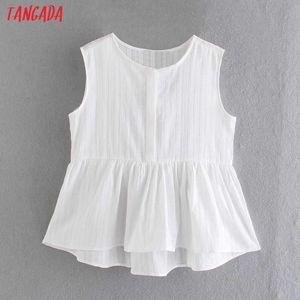 Tangada Donne Ruffles a strisce Blusa in cotone bianco camicetta senza maniche Summer Chic Shirt femminile Tops JE91 210609