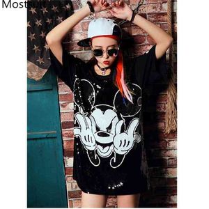 Sequins Beading T-shirts Women Summer Korean Girl Sexy Loose Cartoon T Shirt Tops Short Sleeve O-neck Tees Tshirts 210513