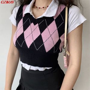 Kamizelka mody Jesień V-Neck Topy Vintage Argyle Sweter Dla Kobiet Różowa Szkłoczka Kruszowa Knit Cardigan Casual Womens 210915