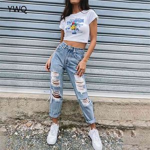 Streetwear Women Baggy Jeans Ripped For High Waist Cargo Pants Fashion Vintage Hole Mom Denim Trousers 210629