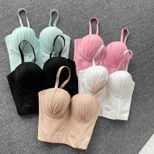 Spring Summer Product Female Solid Color Knit Pleated Bras Camisole Girls Elegance Stretch Cropped Tank Tops Y1148 210714