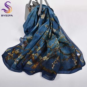 Orange Blå Vinter Kvinnor Pure Silk Scarf Shawl Spring Fall Fashion Stora Eleganta Klassiska Långa Scarves Wraps Tryckt 180 * 110cm Q0828