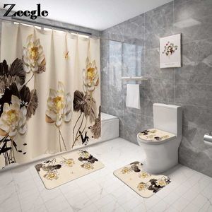 4-teiliges Blumen-Badezimmerteppich-Badevorhang-Set, Toilettenteppiche und Duschvorhang, Toilettensitzbezug, Bodenmatte, Badezimmermatte, Duschmatte 210724