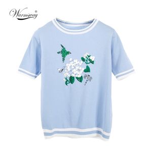 Europe Fashion Summer Floral Sequin Broderi Stickad T-shirt Kvinnor Kortärmad Toppar Ribbed Tee Striped Pullovers B-017 210522