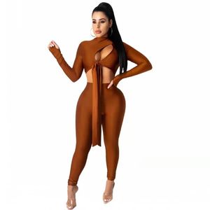 Women's Two Piece Pants Sexy Slim Fit African 2022 Spring Solid Color Strappy Top With Leaky Chest + Tight Trousers Tracksuit Outfits