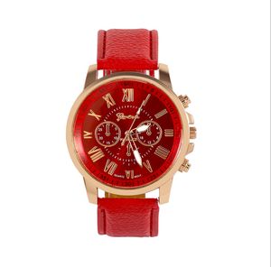 Three-subidials Red Watch Retro Geneva Student Watches Womens Quartz Trend Wristwatch With Leather Band