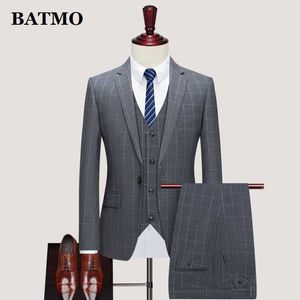 BATMO 2021 new arrival spring plaid casual suits men,men's wedding dress,jackets+pants+vest,SJT819 X0909