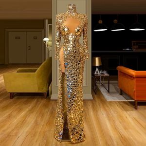 Gold Sequins Sparkly Mermaid Evening Dresses 2022 High Keyhole Neck Long Sleeves Beaded Sexy Side Slit Formal Prom Pageant Gowns