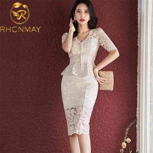 Fashion Office Lady Women 2 pezzi Set Summer Lace manica corta Ruffles Zip Top + Slim Bodycon Pencil OL Skirt 210506