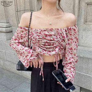 Streetwear Slash Neck Floral Shirts Spring Off Shoulder Chiffon Blouse Women Tops Puff Sleeve Kvinnlig Kläder 13305 210415