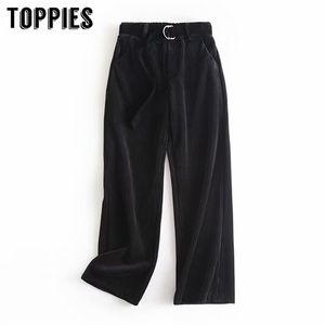 Calças retas do corduro preto Calças altas da cintura para as mulheres cinto plissado terno do vintage Streetwear 210421