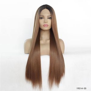 Silky Rak Ombre Brown Color Syntetisk Lace Front Wig 12 ~ 26 inches Simulering Mänskliga Hår Parykar 19514-30