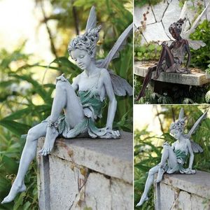 Flower Fairy Garden Miniatures Sculpture Resin Angel Sitting Statue Figurine Modern Home Outdoor Yard Art Decor Craft Ornaments 211105