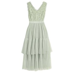 PERHAPS U Light Green Tank Sleeveless V Neck Empire Lace Mesh Empire A-line Cascading Ruffle Cake Long Dress Summer D1507 210529