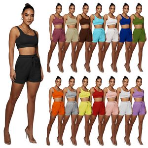 Jogger-Anzüge für Damen, Übergröße 2X, Sommer-Trainingsanzüge, solide Sportbekleidung, Outfits, ärmelloses T-Shirt, Tank-Top + Shorts, zweiteiliges Set, Laufkleidung 5175