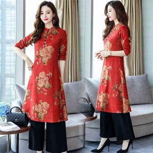 Roupas femininas étnicas Outono emagrecimento retro aprimorado Cheongsam Dress Calças definir conjunto de duas peças 210727