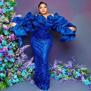 Royal Lace 2022 Blue Mermaid Evening Dresses for Women Rufles Off the Shoulde Plus Size African Prom Dress Aso Ebi Formal Gowns