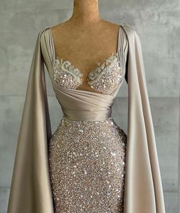 Arabic Glitter Sequined Evening Dresses with Cape Ruched Lace Sweetheart Prom Party Formal Women Gowns Custom Made258M