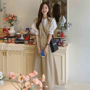 Rahat Midi Elbise Kore Versiyonu Gevşek Ince V Yaka Askı Mizaç Moda Yaz Kadın 2P1664 210526