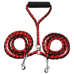 Dog Collars & Leashes Braided Nylon Dual Leash Double Lead Rope Durable Walking Strong For 2 Medium Big Dogs With Soft Padded Handle