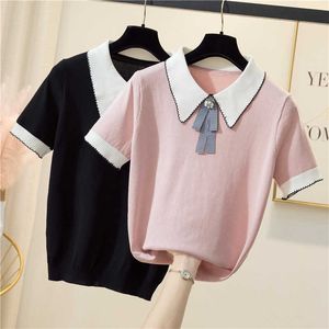 Ren bomull T-shirt Kvinnor Sommar Kvinnors Casual Patchwork Color Sticka Tröja Bow Slim Pullover Stor Storlek Sweater 210604