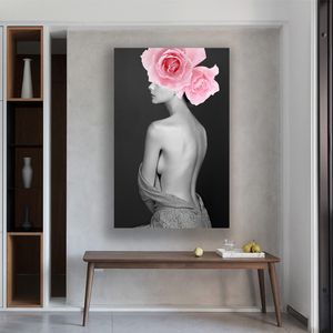 Modernes schwarz-weißes Porträtgemälde, nackte sexy Frau, Blumendruck auf Leinwand, Wandkunst, Bild für Zuhause, Raumdekoration, ohne Rahmen