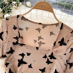 Neploe Butterfly Printed Pleated Mini Dress Women Temperement Square Collar Slim Hip Vestido Sexy Short Sleeve Party Robe Female Y0823