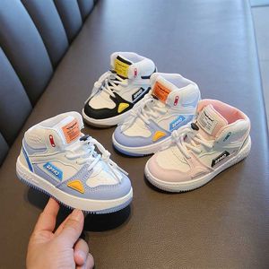 Girls Sports Shoes 2021 Autumn Boys Middle Small Children High-top Basketball Running Sneakers Kids Soft-soled Baby Casual Shoes G1025