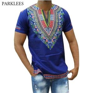 Blue Dashiki T Shirt Men Brand African 3D Print Slim Fit Mens T-shirts Casual V Neck Short Sleeve Hip Hop Camisetas 3XL 210716
