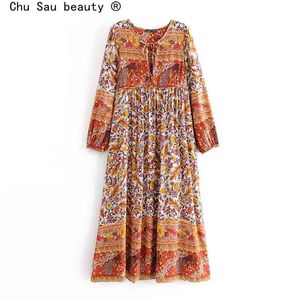 Sonbahar Boho kadın elbise baskılı saçaklı uzun kollu etek tatil tarzı kadın moda chic 210514