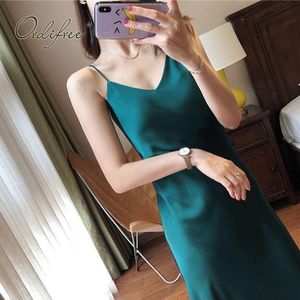 Summer Women Satin Slip Vintage Solid Silk Sexy Spaghetti Party Dress 210415