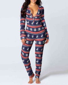 New Year Christmas Functional Buttoned Flap Printed Adults Pajamas Suit Women's Sleevewear Detachable Jumpsuits 210415