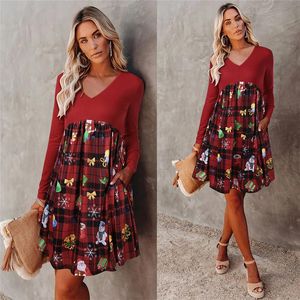 Autumn Women's Red Dress V Neck L￥ng￤rmad h￶g midja juldr￤kt damer Casual Wear L￤mplig f￶r semesterfester kl￤nningar