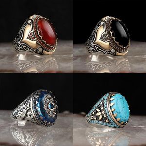 Wedding Rings Vintage Handmade Carved Turkish Signet For Men Inlaid Red Black Zircon Stone Trendy Islamic Religious Muslim Jewelry