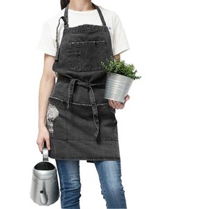 専門家の韓国の調節可能な100％の綿のデニムエプロンのキッチンSのための女性大人のベーキングSmock Chef Cafe Unisex Jeans 210625
