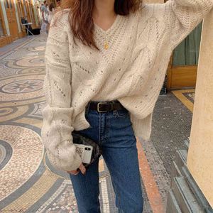 Qooth Herbst Dame Pullover Langarm Einfarbig Pullover Ins V-ausschnitt Warme Gestrickte Pullover Pullover Frauen Tops QT223 210518