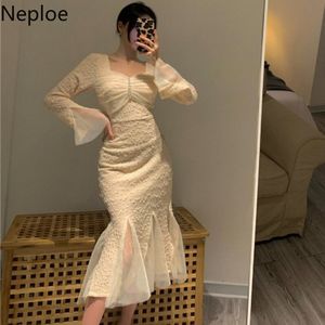 Neploe Korean Vintage Dresses Women Gauze Patchwork Vestidos Mujer Fashion Squaer Collar Slim Temperament Mid-length Dresses 210422