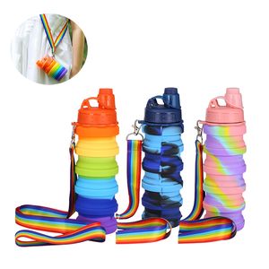 500ML Camouflage Silicone Folding Water Bottle Outdoor Sports Kettle Portable Rainbow Telescopic Cup Mountaineering Camping Supplies With Lanyard