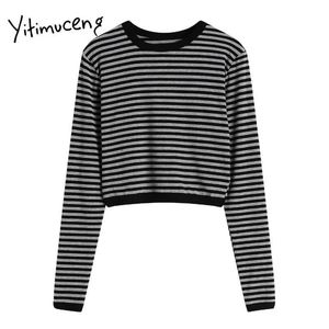 Yitimuceng Shirts for Women Spring Long Sleeve Tops Black Grey Striped Pullover O-neck Comfortable Sexy Korean Streetwear 210601