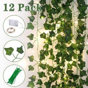 Strängar LED -strängljus med 12 pack konstgjorda murgröna bladväxter vinrankor hängande krans för bröllop hem trädgård kontor vägg dekorerad