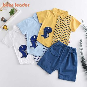 Bear líder meninos bebê roupas casuais conjuntos de verão moda crianças menino desenhos animados camisa listrada shorts roupas toddler trajes bonitos 210708