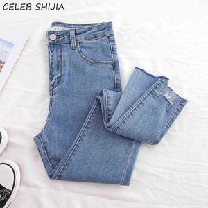 Chic Roaded Cut Jeans Женщины Высокая талия Эластичные Джинсовые Карандаш Брюки Женская Одежда Мама Синий Черный Летний Тощий для Женщины 21129