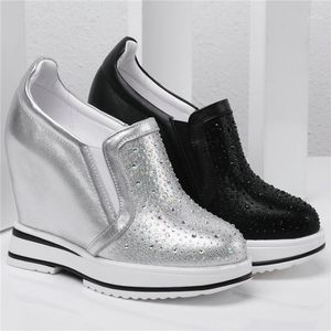 Dress Shoes Casual Women Genuine Leather Wedges High Heel Platform Pumps Female Round Toe Fashion Sneakers Rhinestones Trainers