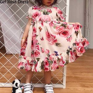 Sommer Blumenmädchen Tutu Rose Seide 3D Kleid Kinder Prinzessin Rayon Kleid Party Hochzeit Geburtstag Baby Mädchen Gedruckt Kleid Für Kind Q0716