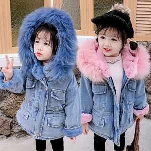 Baby girl winter denim jacket clothes children plus velvet thick fur collar hooded warm 211027